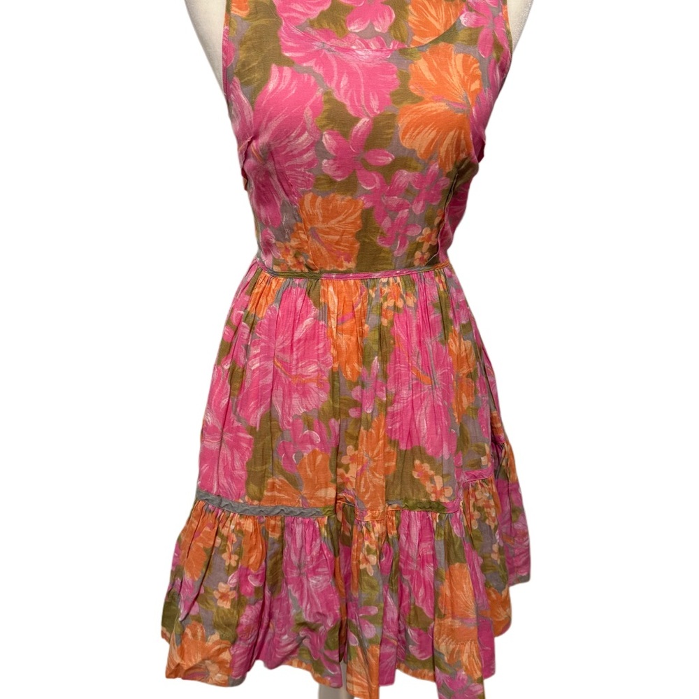 Stunning Floral Tracy Feith Pink and Orange Corton Mini Dress Women's Size Small